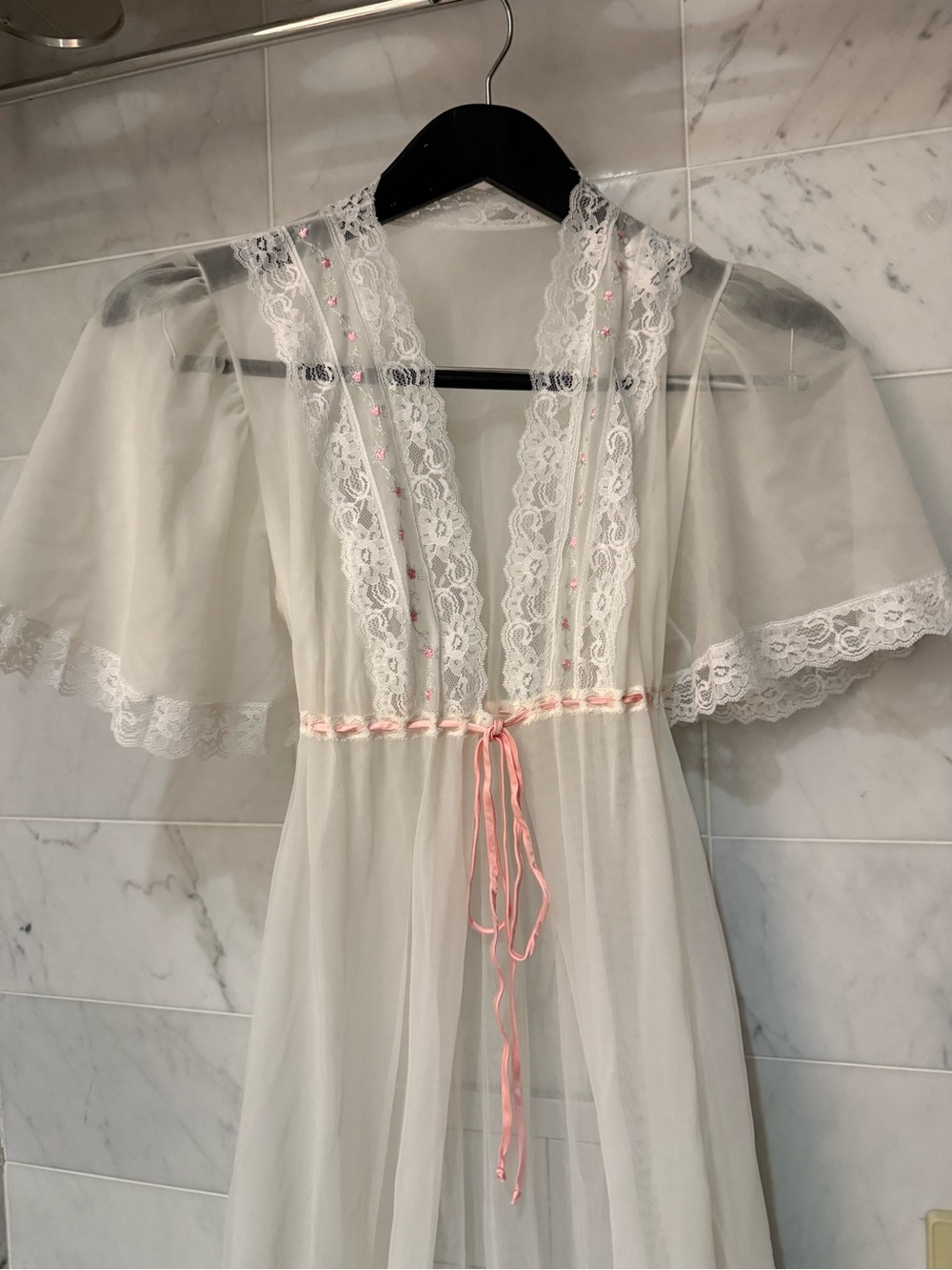 Sheer White Lace Robe with Pink Ribbon Tie